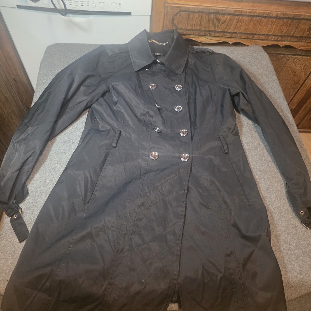 White House Black Market black double-breasted trench Coat Xl K2